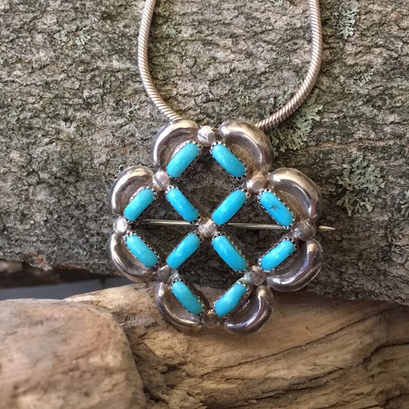 Vintage Zuni Native American Turquoise Needlepoint Pin Pendant - Picture 4 of 13